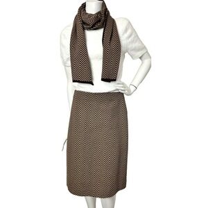 Vtg CELINE Paris Chevron 100% Wool Skirt & Scarf Set 42 US 10 Herringbone Brown